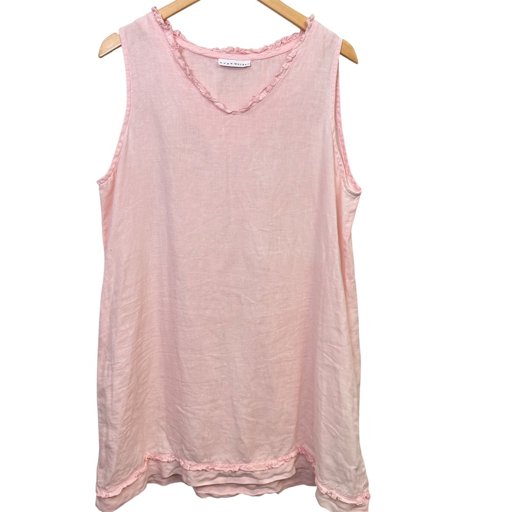 Bryn Walker Dress Large Pink 100% Linen Ruffle Trim V-Neck Sleeveless Beachy
